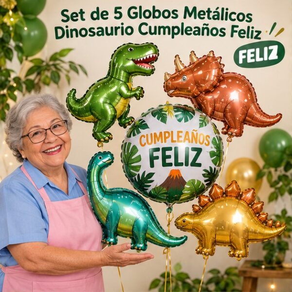 RI-0008960 Set de 5 Globos Metálicos Dinosaurio Cumpleaños Feliz