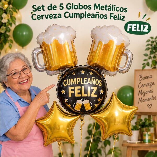 RI-0008961 Set de 5 Globos Metálicos Cerveza Cumpleaños Feliz