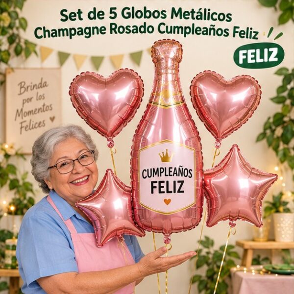 RI-0008962 Set de 5 Globos Metálicos Champagne Rosado Cumpleaños Feliz