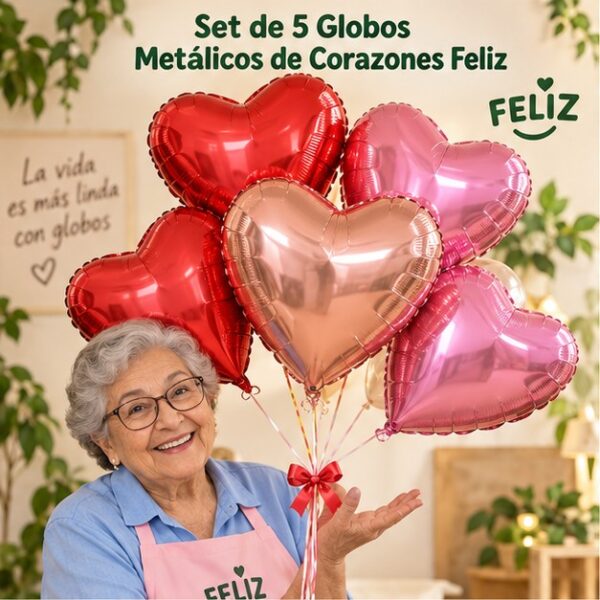 RI-0008964 Set de 5 Globos Metálicos de Corazones Feliz