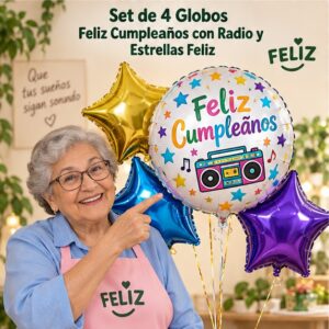 RI-0008966 Set de 4 Globos Feliz Cumpleaños con Radio y Estrellas Feliz