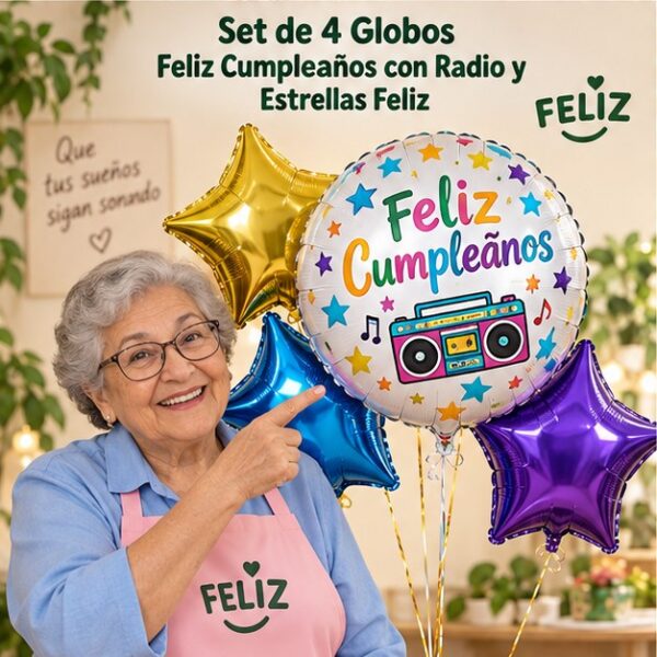 RI-0008966 Set de 4 Globos Feliz Cumpleaños con Radio y Estrellas Feliz