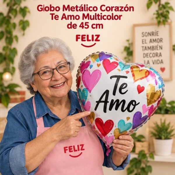 RI-0008975 Globo Metálico Corazón Te Amo Multicolor de 45 cm Feliz