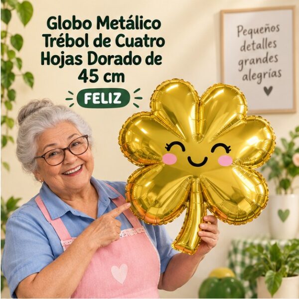 RI-0008977 Globo Metálico Trébol de Cuatro Hojas Dorado de 45 cm Feliz