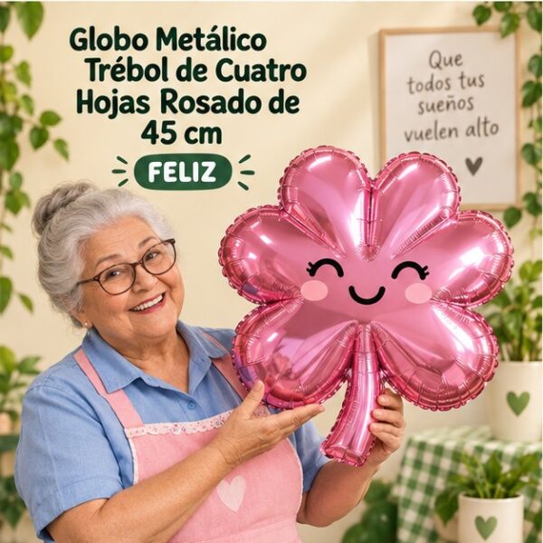 RI-0008978 Globo Metálico Trébol de Cuatro Hojas Rosado de 45 cm Feliz