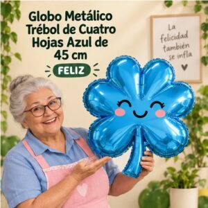 RI-0008979 Globo Metálico Trébol de Cuatro Hojas Azul de 45 cm Feliz