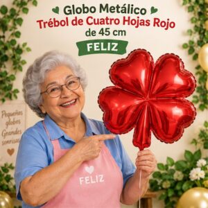 RI-0008980 Globo Metálico Trébol de Cuatro Hojas Rojo de 45 cm Feliz