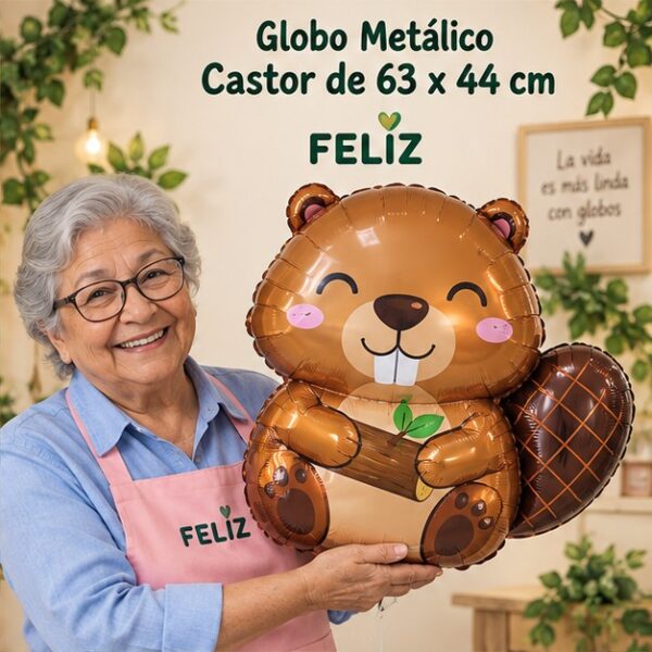 RI-0008989 Globo Metálico Castor de 63 x 44 cm Feliz