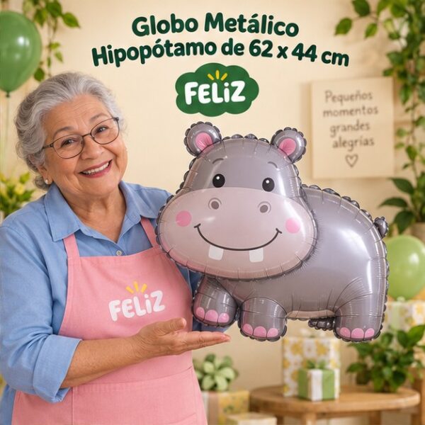 RI-0008993 Globo Metálico Hipopótamo de 62 x 44 cm Feliz