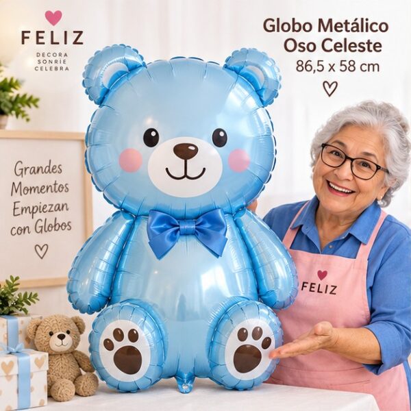 RI-0009010 Globo Metálico Oso Celeste de 86,5 x 58 cm Feliz