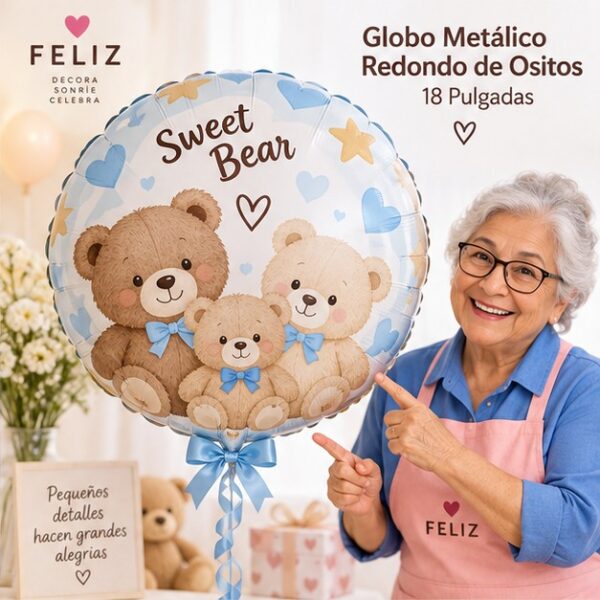 RI-0009011 Globo Metálico Redondo de Ositos de 18 Pulgadas Feliz