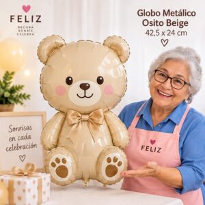 RI-0009013 Globo Metálico Osito Beige de 42,5 x 24 cm Feliz