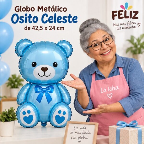 RI-0009015 Globo Metálico Osito Celeste de 42,5 x 24 cm Feliz