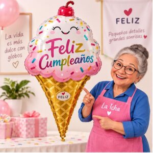 RI-0009026 Globo Metálico Cono de Helado Feliz Cumpleaños de 48 x 69 cm Feliz