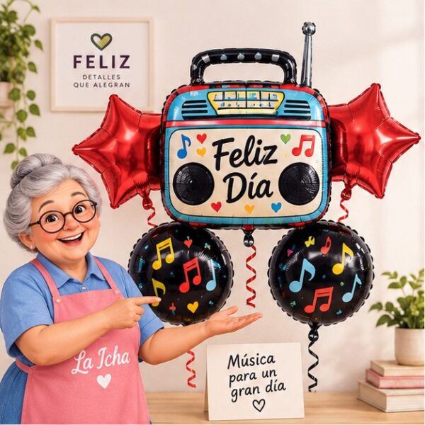 RI-0009030 Set de 5 Globos Metálicos Feliz Día con Radio Feliz