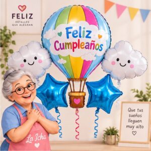 RI-0009031 Set de 5 Globos Metálicos Feliz Cumpleaños con Globo Aerostático Feliz