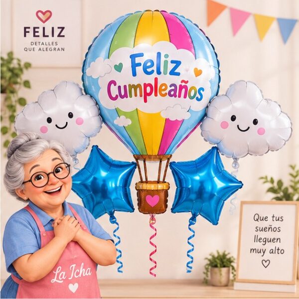 RI-0009031 Set de 5 Globos Metálicos Feliz Cumpleaños con Globo Aerostático Feliz