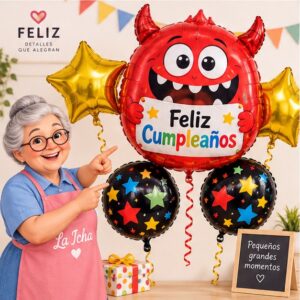 RI-0009032 Set de 5 Globos Metálicos Monstruo Rojo Feliz Cumpleaños Feliz