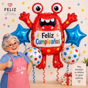RI-0009033 Set de 5 Globos Metálicos Monstruo Rojo Feliz Cumpleaños Modelo 2 Feliz