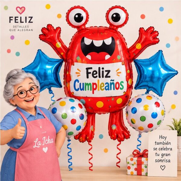 RI-0009033 Set de 5 Globos Metálicos Monstruo Rojo Feliz Cumpleaños Modelo 2 Feliz