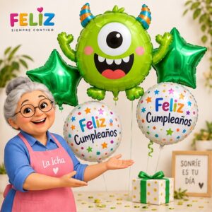 RI-0009034 Set de 5 Globos Metálicos Monstruo Verde Feliz Cumpleaños Feliz