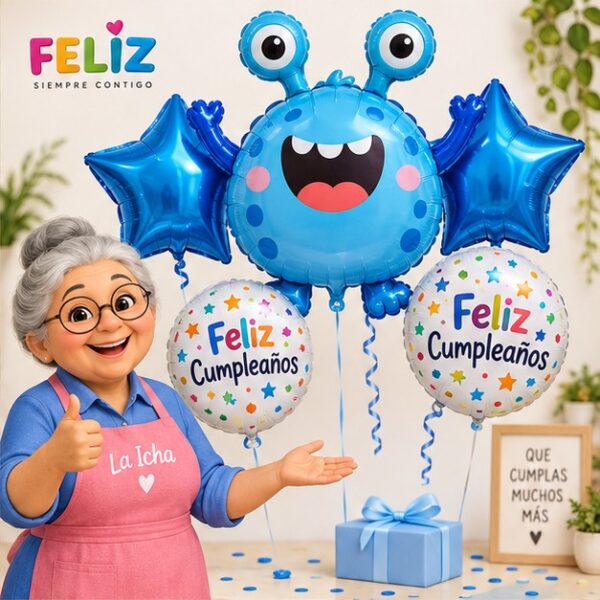 RI-0009035 Set de 5 Globos Metálicos Monstruo Celeste Feliz Cumpleaños Feliz