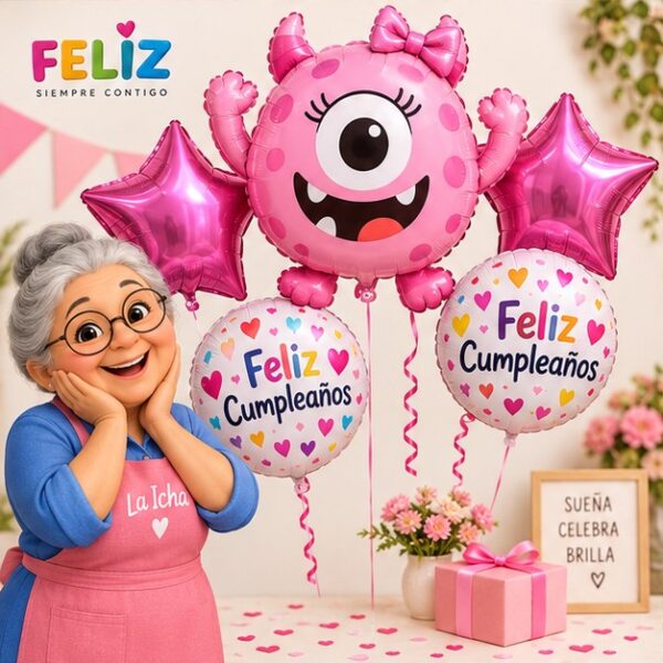 RI-0009036 Set de 5 Globos Metálicos Monstruo Rosado Feliz Cumpleaños Feliz