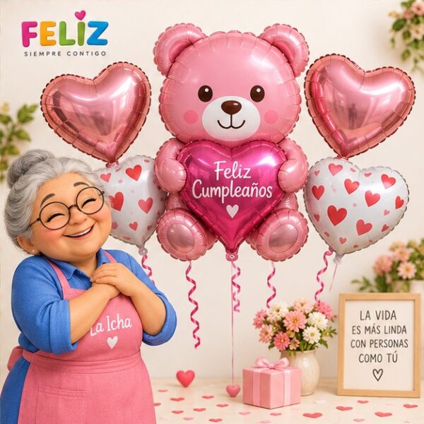 RI-0009037 Set de 6 Globos Metálicos Osito Rosado y Corazones Feliz