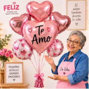 RI-0009038 Set de 5 Globos Metálicos Te Amo Rosado Feliz