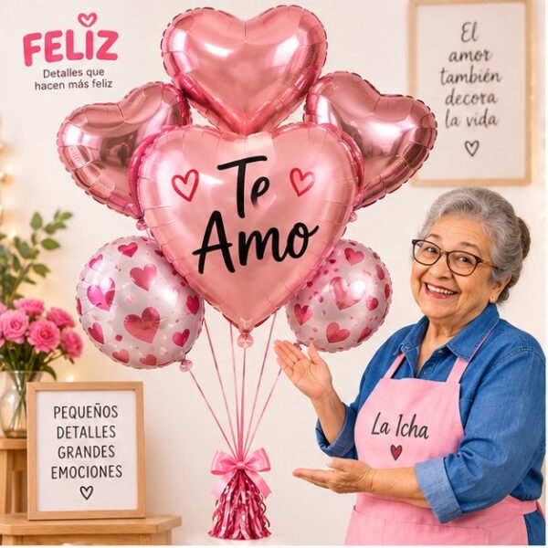 RI-0009038 Set de 5 Globos Metálicos Te Amo Rosado Feliz