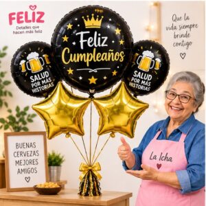 RI-0009040 Set de 5 Globos Metálicos Feliz Cumpleaños y Cerveza Feliz