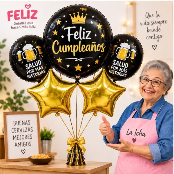 RI-0009040 Set de 5 Globos Metálicos Feliz Cumpleaños y Cerveza Feliz