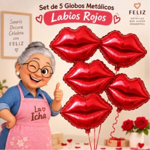 RI-0009042 Set de 5 Globos Metálicos Labios Rojos Feliz