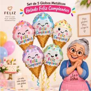 RI-0009043 Set de 5 Globos Metálicos Helado Feliz Cumpleaños Feliz