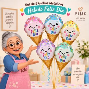 RI-0009044 Set de 5 Globos Metálicos Helado Feliz Día Feliz
