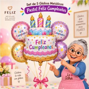 RI-0009045 Set de 5 Globos Metálicos Pastel Feliz Cumpleaños Feliz