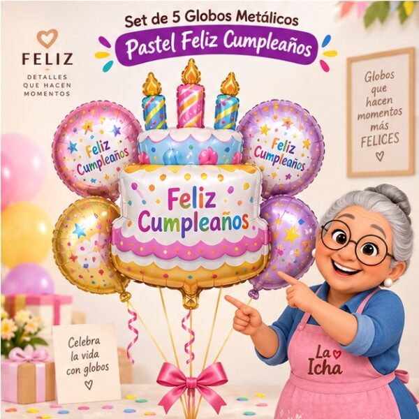 RI-0009045 Set de 5 Globos Metálicos Pastel Feliz Cumpleaños Feliz