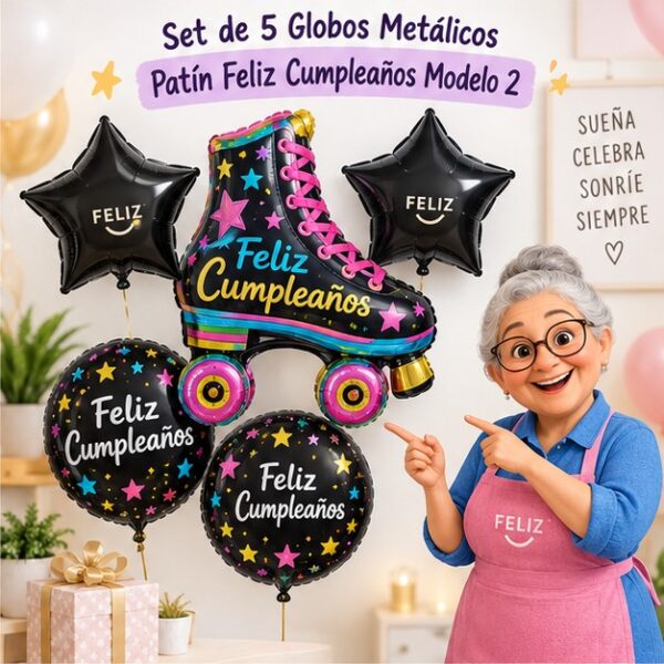 RI-0009047 Set de 5 Globos Metálicos Patín Feliz Cumpleaños Modelo 2 Feliz