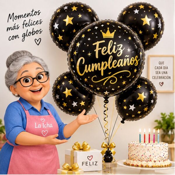 RI-0009050 Set de 5 Globos Metálicos Negros Feliz Cumpleaños Feliz