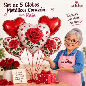 Set de 5 Globos Metálicos Corazón con Rosa Feliz