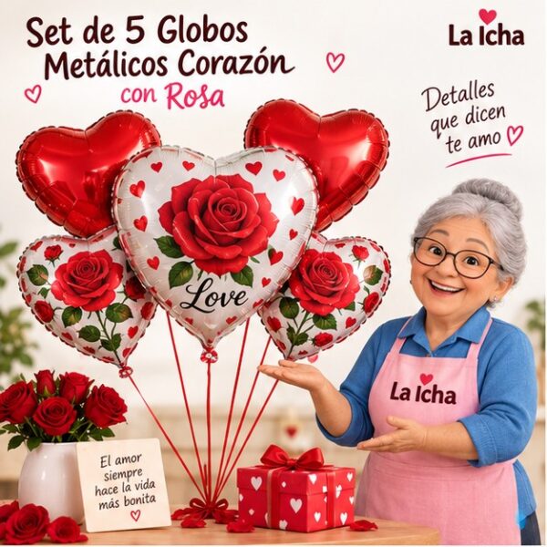 RI-0009054 Set de 5 Globos Metálicos Corazón con Rosa Feliz