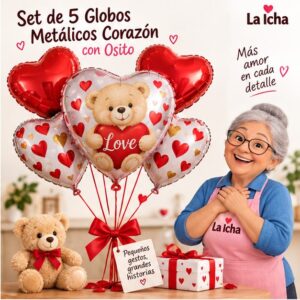 Set de 5 Globos Metálicos Corazón con Osito Feliz