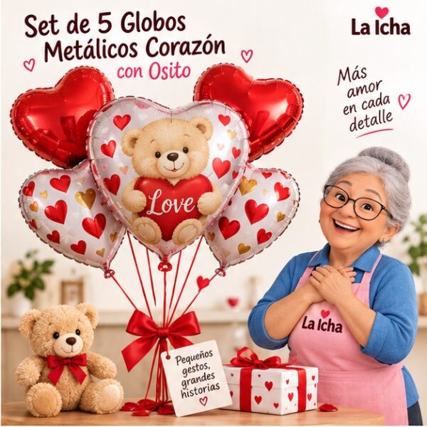 RI-0009055 Set de 5 Globos Metálicos Corazón con Osito Feliz