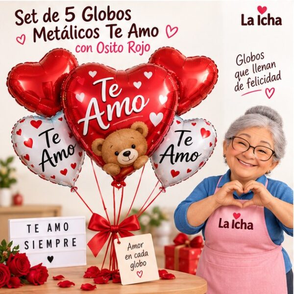 RI-0009056 Set de 5 Globos Metálicos Te Amo con Osito Rojo Feliz