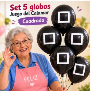 Set de 5 Globos Metálicos Juego del Calamar Cuadrado Feliz