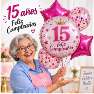 Set de 5 Globos Metálicos 15 Años Feliz Cumpleaños Feliz