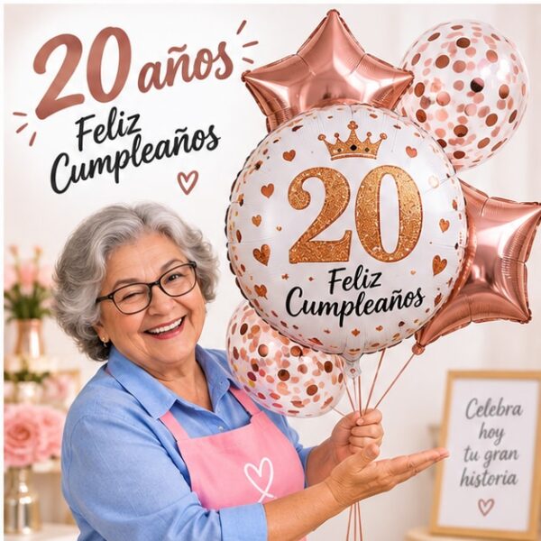 RI-0009079 Set de 5 Globos Metálicos 20 Años Feliz Cumpleaños Feliz