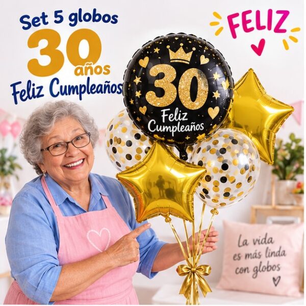 RI-0009080 Set de 5 Globos Metálicos 30 Años Feliz Cumpleaños Feliz