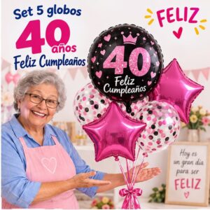 Set de 5 Globos Metálicos 40 Años Feliz Cumpleaños Feliz