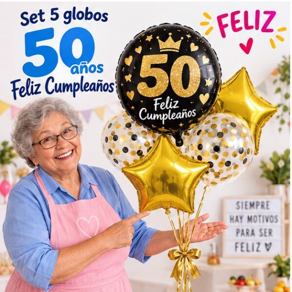 RI-0009082 Set de 5 Globos Metálicos 50 Años Feliz Cumpleaños Feliz